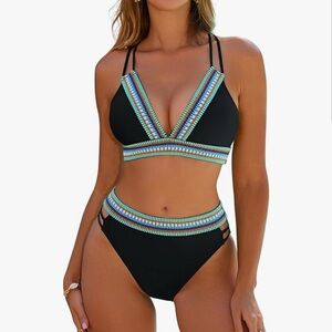 Blooming Jelly Black and Blue Geometric Bikini Swimwear